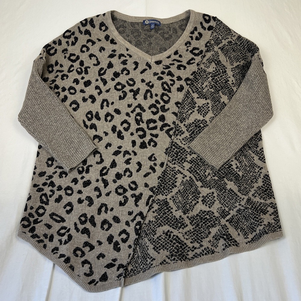 Democracy Womens Large Mixed Animal Print V-Neck Sweater Leopard Snake Metallic